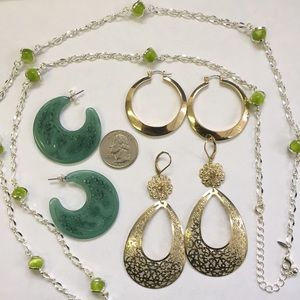 3 pr Avon pierced earrings + Green bead necklace